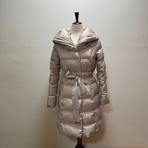 Tahari Down Feminine Luxury Beige Long Hooded Puffer Coat Parka Women Size Small